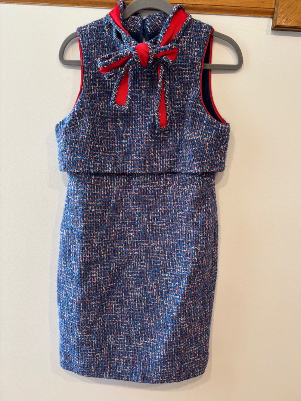 J Crew Blue Tweed Tie-neck Tank Dress in Autumn Tweed with Red Neck Tie Bow 10P